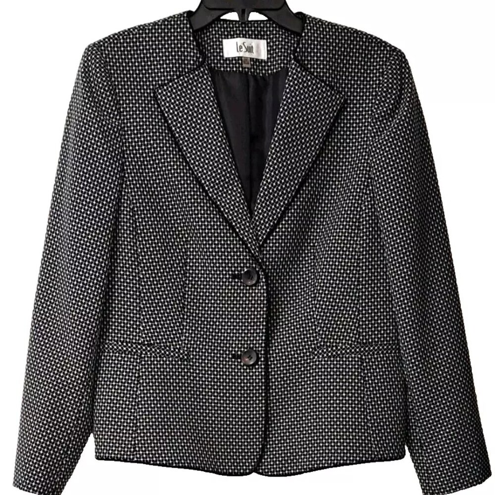 Le Suit Black And White With Black Piping Blazer 10 EUC